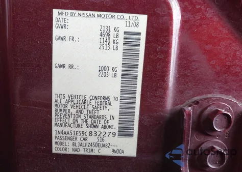 2009 Nissan Maxima 3.5 Sv from USA, damaged, VIN 1N4AA51E59C832279